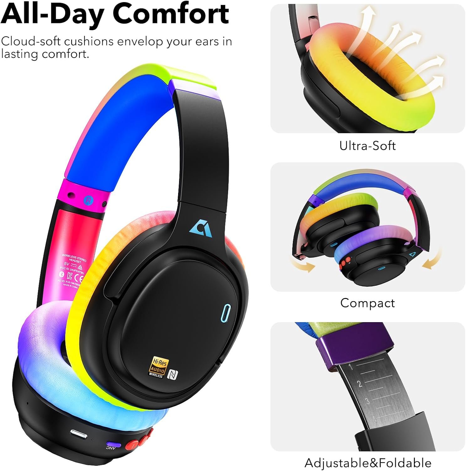 Headphones, Bluetooth Over Ear, Wireless Hi-Res Audio with LDAC & aptX Low Latency for Airplane Travel & Home TV, AI Translation Custom EQ via APP, Colorful