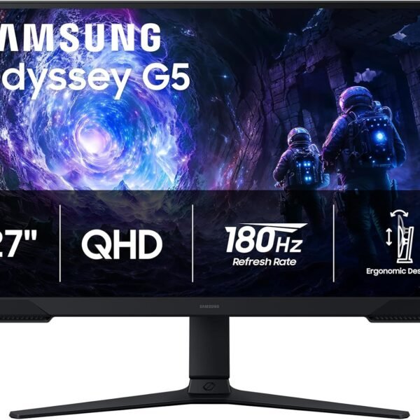 Samsung 27″ Odyssey G5 (G51F) Gaming Monitor – QHD (1440P), 180Hz, 1ms, AMD FreeSync, HDR10, Height Adjustable Stand, Black Equalizer, Virtual Aim Point, Auto Source Switch+, LS27FG512ENXZA