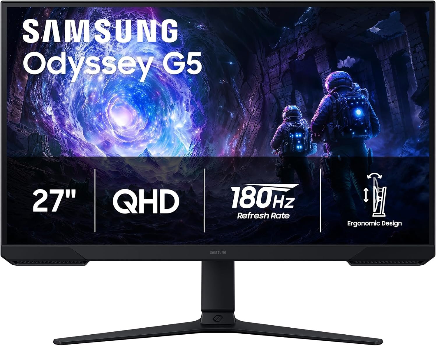 Samsung 27″ Odyssey G5 (G51F) Gaming Monitor – QHD (1440P), 180Hz, 1ms, AMD FreeSync, HDR10, Height Adjustable Stand, Black Equalizer, Virtual Aim Point, Auto Source Switch+, LS27FG512ENXZA