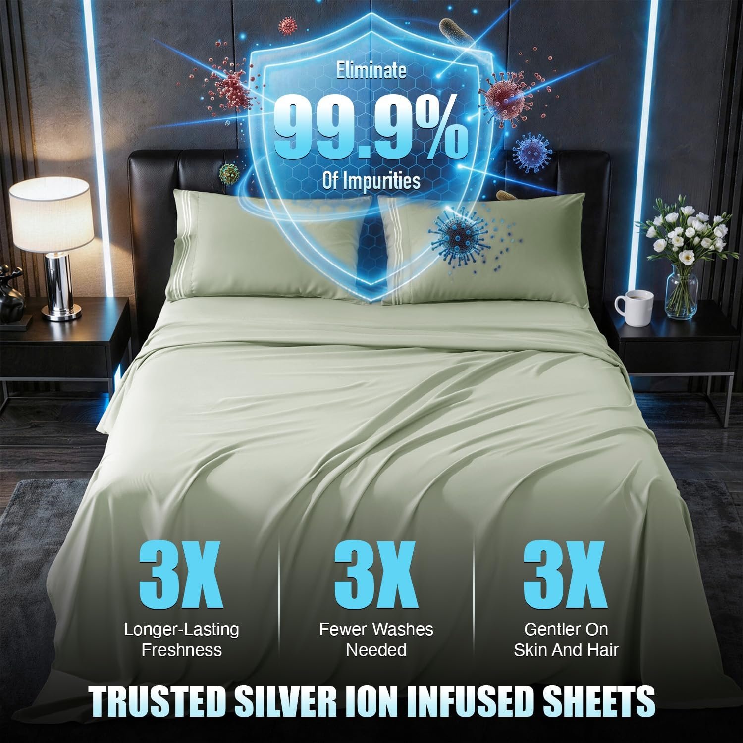 SONORO KATE Silver Infused Sheets, Self-Cleaning & Temperature-Regulating Bed Sheets Set, Hypoallergenic & 3X Longer Fresh Sheets, Ultra-Soft Cooling for Hot Sleepers - 4PC (Sea Glass,King)