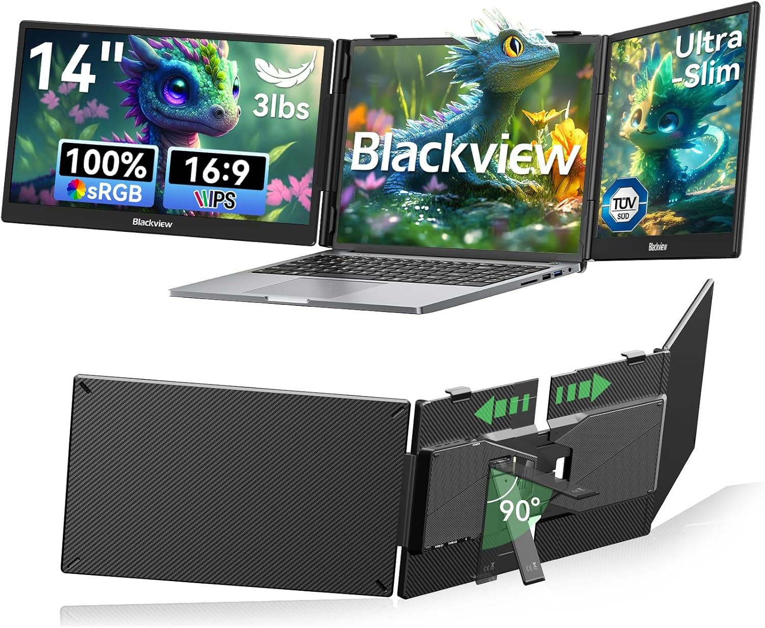 Blackview Laptop Screen Extender, 14″ 1080P FHD IPS Triple Portable Monitor, Ultra-Slim Travel Dual Monitor Fit for 13″-17.3″ Laptops, USB-C Plug&Play Extended Screen for Windows/Mac/Android/Switch