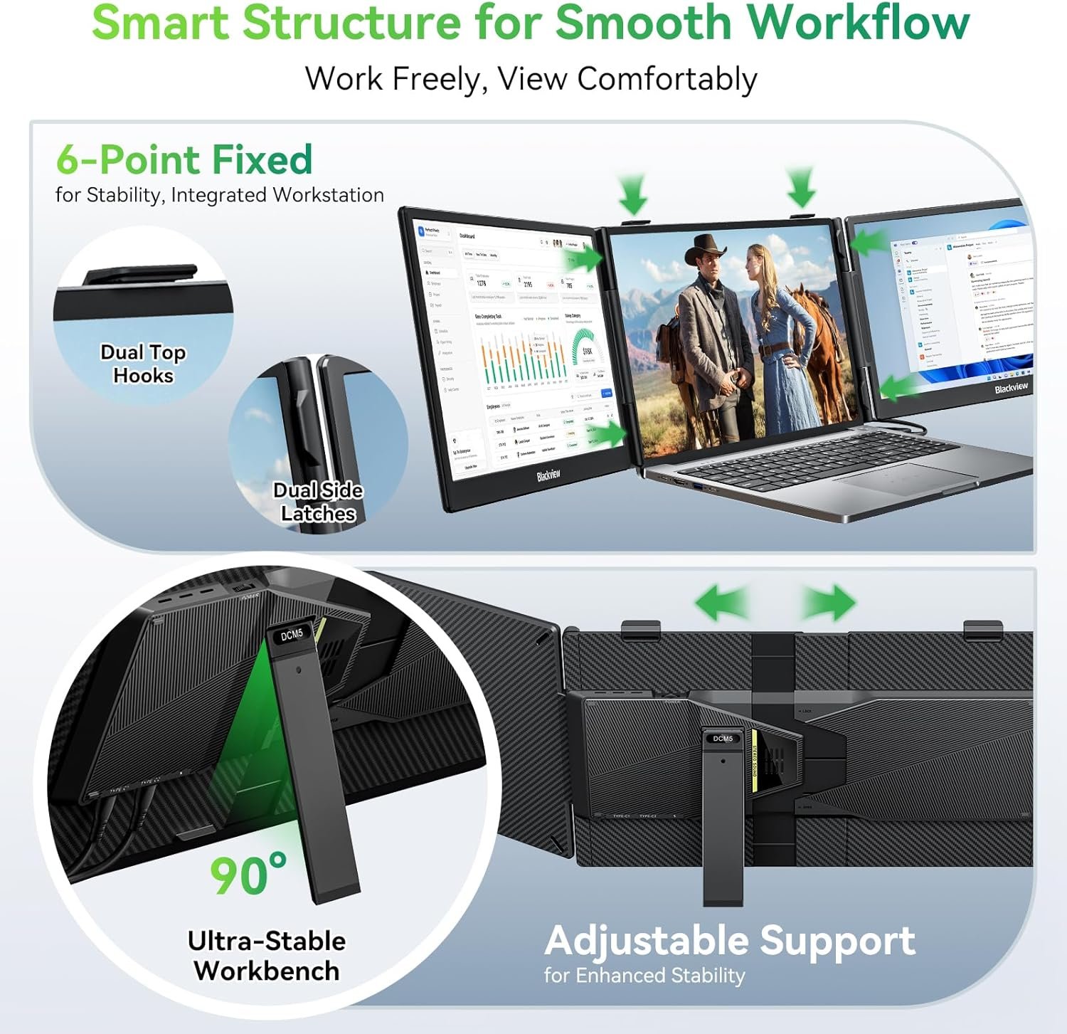 Blackview Laptop Screen Extender, 14" 1080P FHD IPS Triple Portable Monitor, Ultra-Slim Travel Dual Monitor Fit for 13"-17.3" Laptops, USB-C Plug&Play Extended Screen for Windows/Mac/Android/Switch