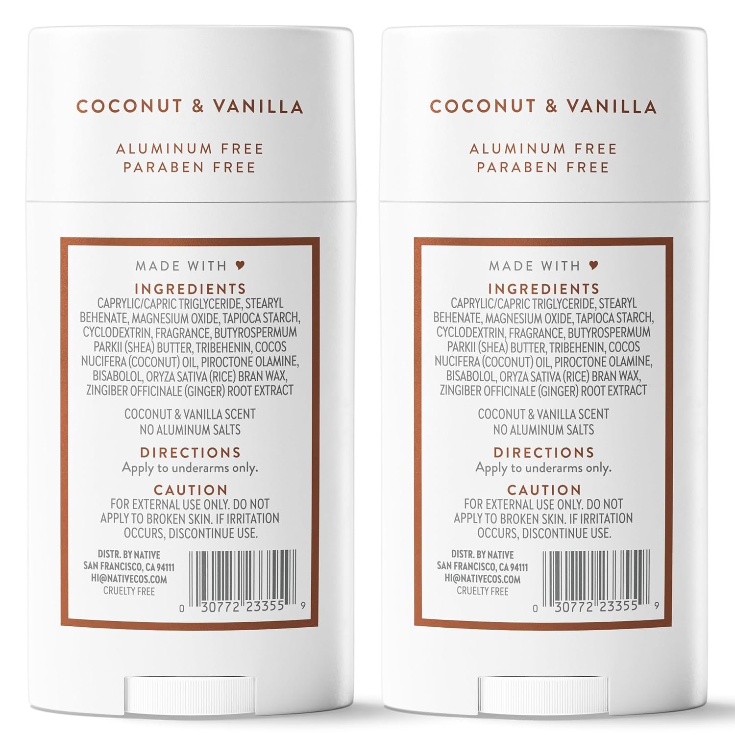 Native Deodorant Contains Naturally Derived Ingredients, 72 Hour Odor Control, Deodorant for Women and Men, Aluminum Free, Coconut & Vanilla 2.3 oz (Pack of 2)
