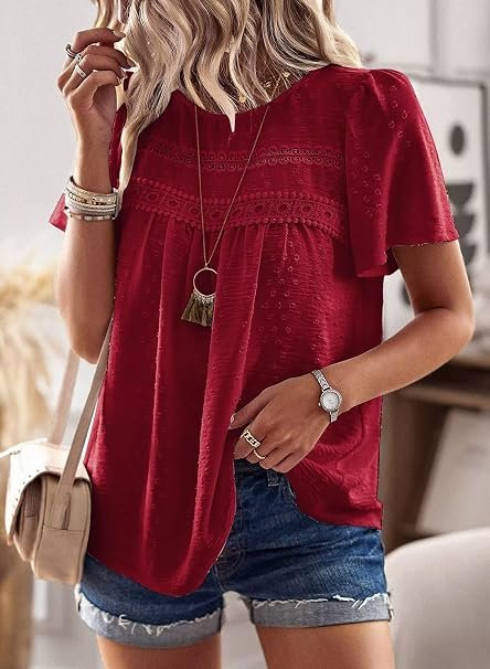 Falechay Womens Summer Tops Crewneck Short Sleeve Shirts Casual Chiffon Blouses Flowy Lace Hem Boho Clothing Trendy 2026