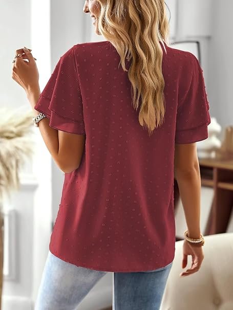 Visit the Falechay Store Falechay Womens Tops Butterfly Sleeve V Neck Blouses for Women Dressy Casual Flowy Swiss Dot Ruffle Short Sleeve Shirts