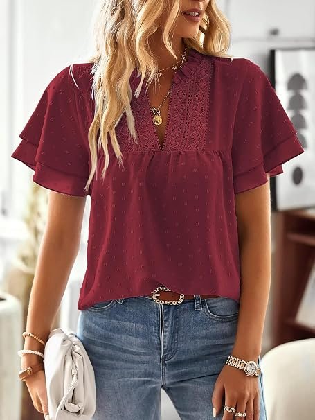 Visit the Falechay Store Falechay Womens Tops Butterfly Sleeve V Neck Blouses for Women Dressy Casual Flowy Swiss Dot Ruffle Short Sleeve Shirts