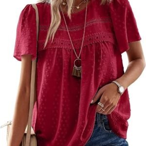 Falechay Womens Summer Tops Crewneck Short Sleeve Shirts Casual Chiffon Blouses Flowy Lace Hem Boho Clothing Trendy 2026