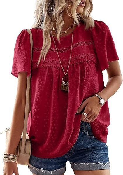 Falechay Womens Summer Tops Crewneck Short Sleeve Shirts Casual Chiffon Blouses Flowy Lace Hem Boho Clothing Trendy 2026