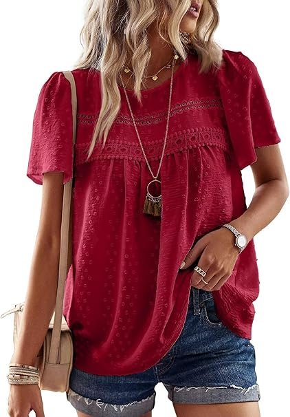 Falechay Womens Summer Tops Crewneck Short Sleeve Shirts Casual Chiffon Blouses Flowy Lace Hem Boho Clothing Trendy 2026