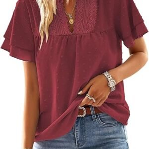 Visit the Falechay Store Falechay Womens Tops Butterfly Sleeve V Neck Blouses for Women Dressy Casual Flowy Swiss Dot Ruffle Short Sleeve Shirts