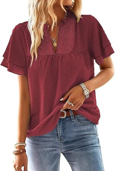 Visit the Falechay Store Falechay Womens Tops Butterfly Sleeve V Neck Blouses for Women Dressy Casual Flowy Swiss Dot Ruffle Short Sleeve Shirts
