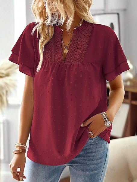 Visit the Falechay Store Falechay Womens Tops Butterfly Sleeve V Neck Blouses for Women Dressy Casual Flowy Swiss Dot Ruffle Short Sleeve Shirts