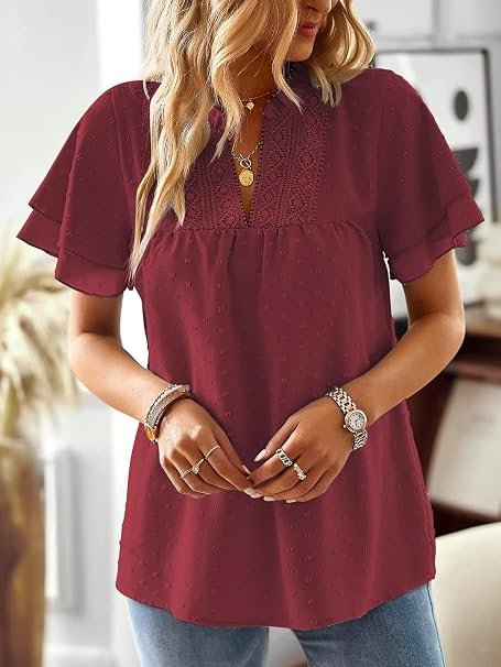 Visit the Falechay Store Falechay Womens Tops Butterfly Sleeve V Neck Blouses for Women Dressy Casual Flowy Swiss Dot Ruffle Short Sleeve Shirts