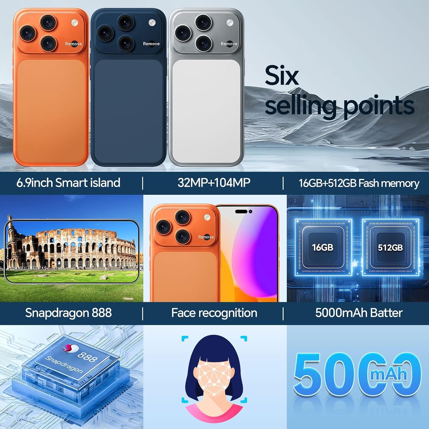 Z17 PM Unlocked Phones, 16GB+512GB Storage, 104MP+32MP Camera, 5000mAh Battery, Android 15 Smartphone, 6.9" HD Display, 5G Cell Phone, Face ID/Dual SIM/GPS/WiFi/Bluetooth | Snapdragon888, 108MP Camera, 5000mAh, Dual SIM, Memory Expansion