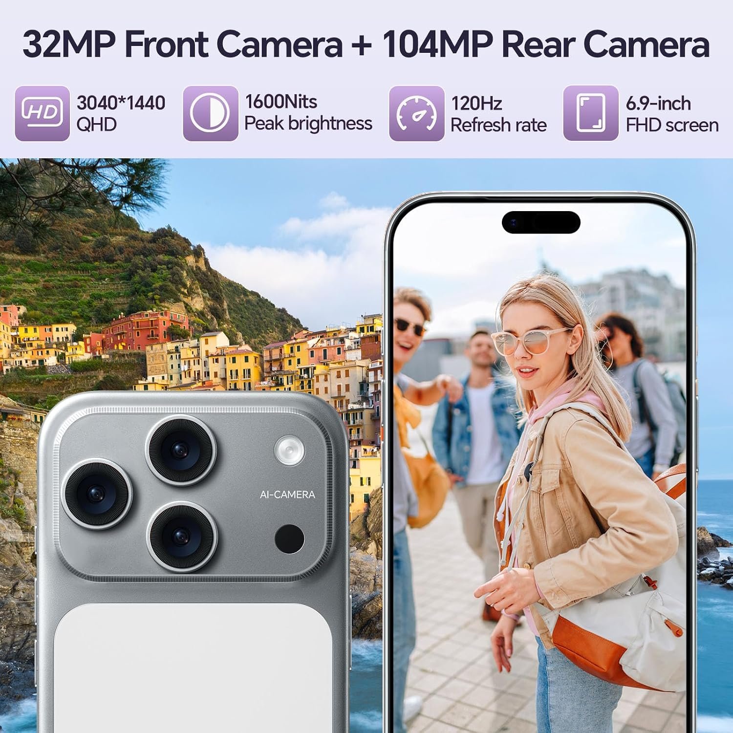 Unlocked Phones, TH17 PM Cell Phone, 5G Android 15 Smartphone, 5000mAh Battery, 16+512GB Dual SIM Cell Phone, 6.9" HD+ Display, 104MP+32MP Camera, Face ID/WiFi/Bluetooth/GPS